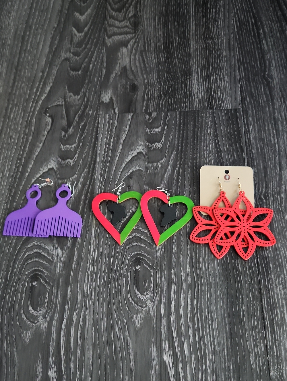 Wooden Statement Earring Trio - Purple Comb, Red/Green Heart Afric, Red Floral
